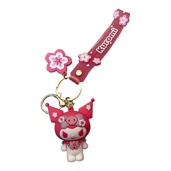 Hello Kitty Villain KUROMI WRISTBAND KEYCHAIN Key Ring Clip Bag Fob Flower Charm - Picture 1 of 8